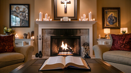Cozy Living Room with Fireplace and Framed Cross