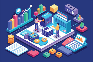 Obraz premium Two professionals engage with spreadsheets and charts in a vibrant office layout designed for analysis, Customizable isometric illustration for spreadsheets.
