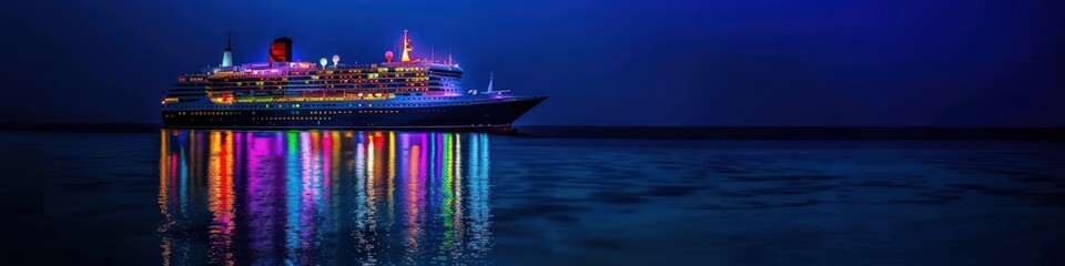 Obraz premium Stunning night scene of a cruise ship adorned with colorful lights, floating peacefully on the pristine Maldives ocean.