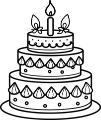 Vector line art black and white birthday cake with candles. Holiday line icon for kids isolated illustration on white background.