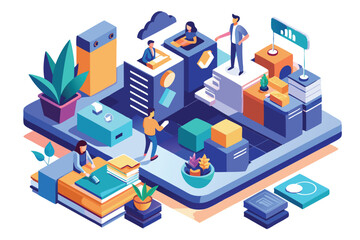 Obraz premium A vibrant workspace filled with professionals engaging in collaborative tasks with various office elements, Customizable isometric illustration for subscribers.