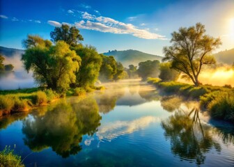 Morning mist rises from the river, veiling a tapestry of emerald and olive hues, beneath a brilliant blue expanse.