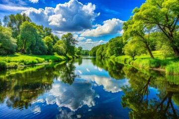Obraz premium River's calm surface mirrors lush greenery and blue sky above in a serene and peaceful atmosphere.