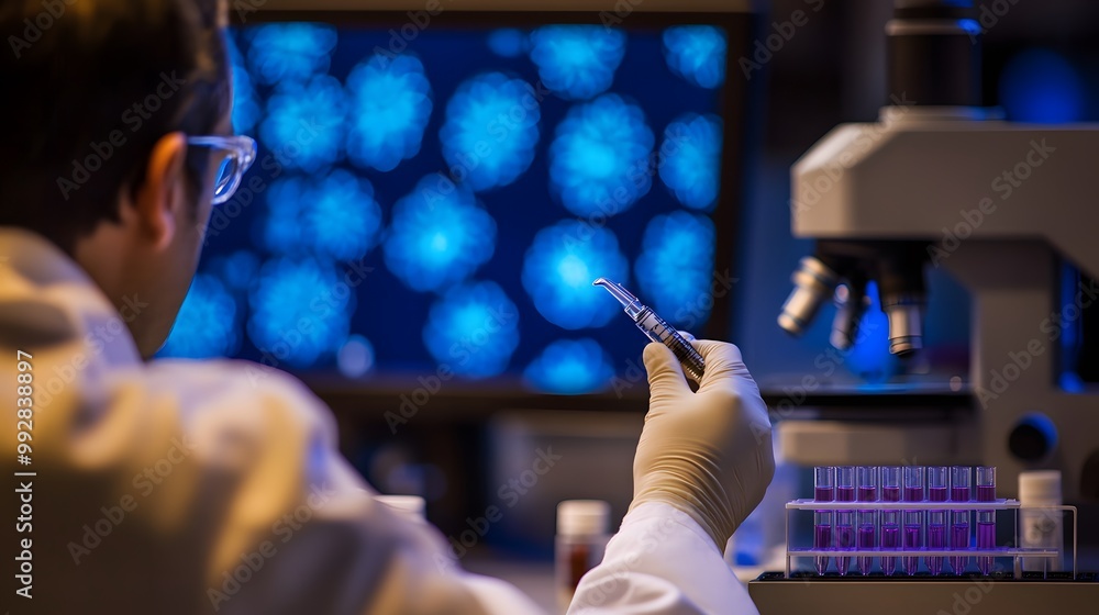 Poster scientist in lab coat holding syringe with blurred background of a microscope and test tubes