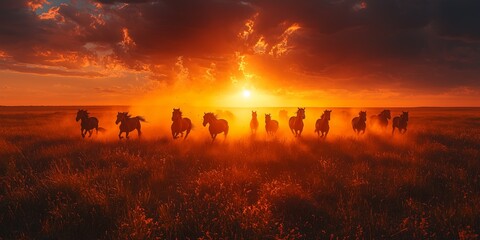 Wild Horses Galloping at Sunset in Open Field