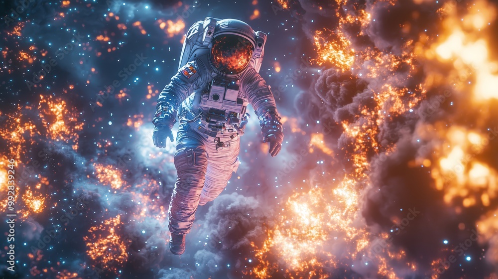 Poster astronaut in space navigating glowing storms