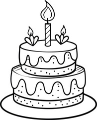 Vector line art black and white birthday cake with candles. Holiday line icon for kids isolated illustration on white background.