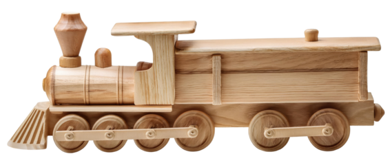 Wooden Toy Train Locomotive Isolated on Transparent Background.