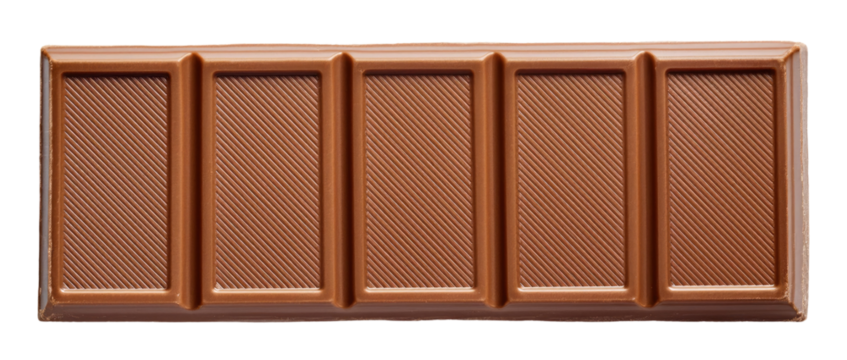 Close-up of Chocolate Bar with Diagonally Patterned Segments Isolated on Transparent Background.