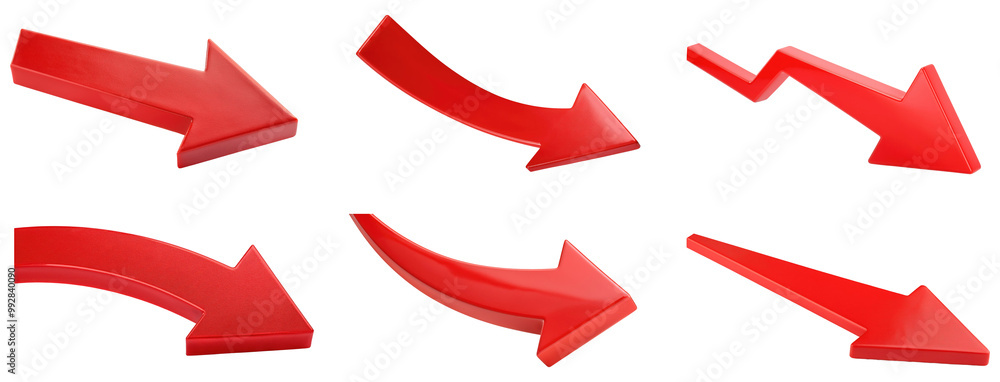 Poster red arrows pointing downward collection isolated on transparent background.