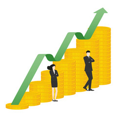 Businessman and businesswoman stand confidently at a stack up of coins and green graph rising. Sales, goal, wealth creation, financial leadership, and power of teamwork in achieving economic success