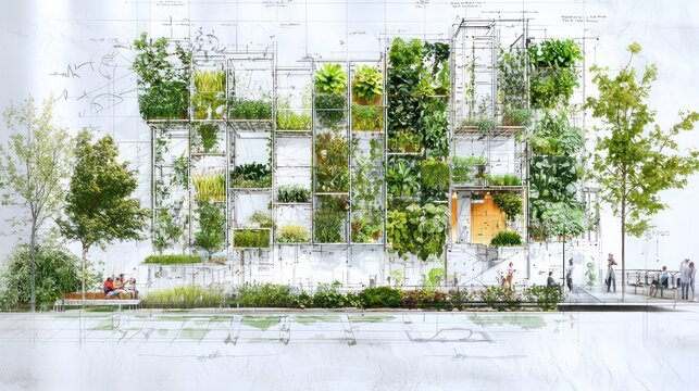 Blueprint for an urban vertical garden, showing irrigation systems, plant selection, and integration with public spaces