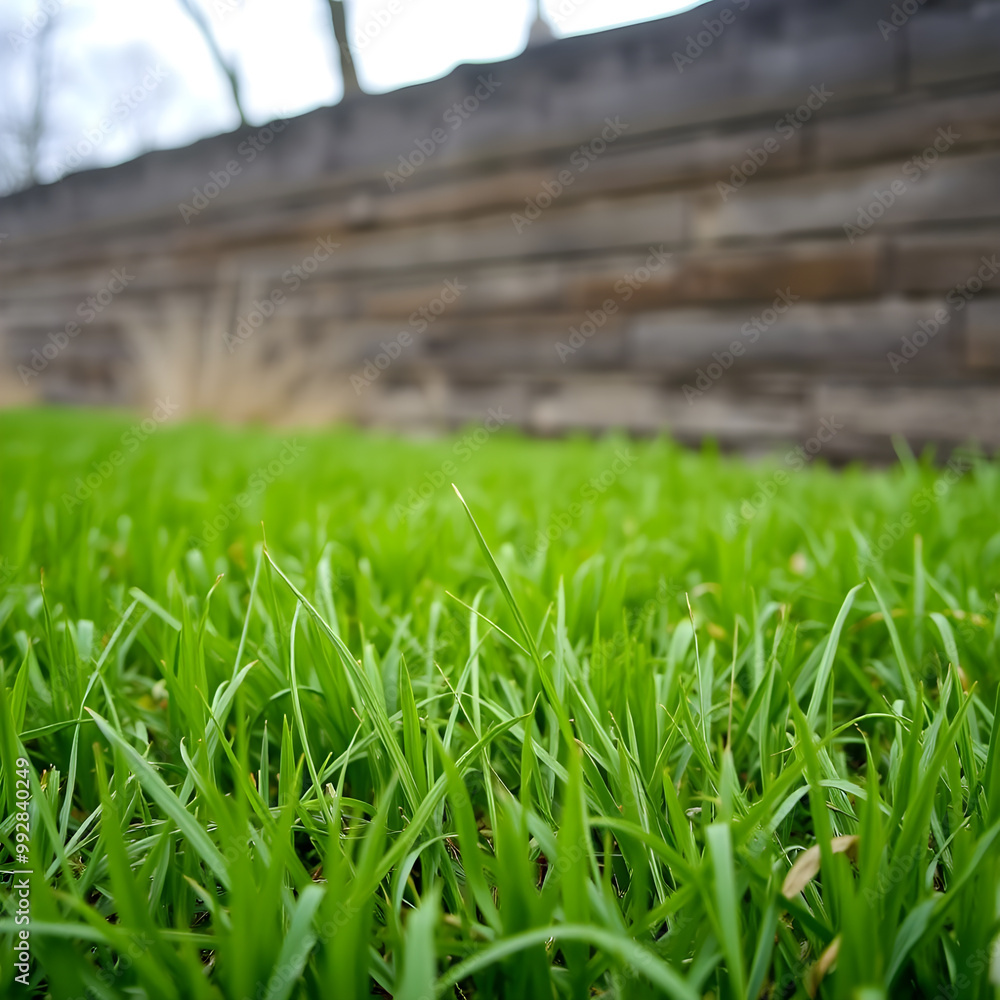 Wall mural green grass with a wooden background