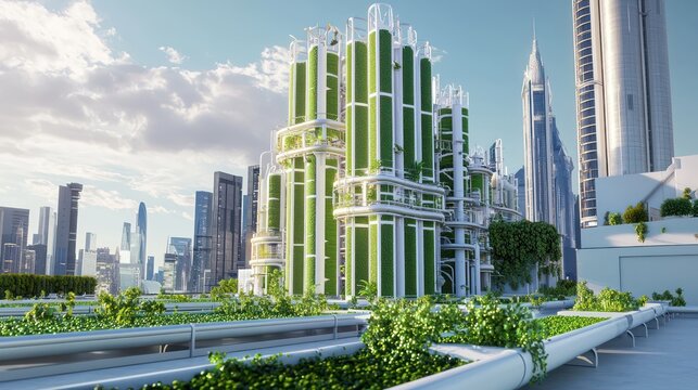 Blueprint for an urban vertical algae farm, focusing on biofuel production and air purification systems