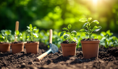 Young Plant Seedlings Growing in Pots with Gardening Tools on Soil design