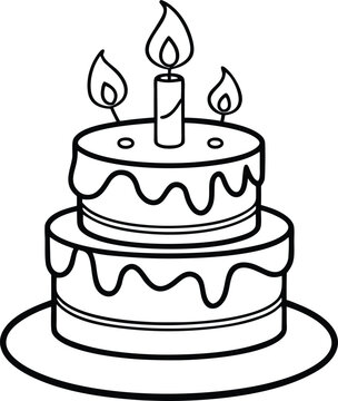 recommend clip art: Vector line art black and white birthday cake with candles. Holiday line icon for kids isolated illustration on white background.