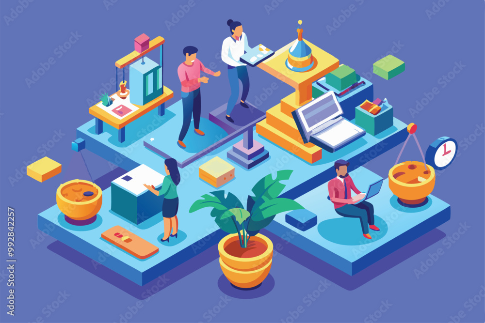 Poster engaging workspace with individuals participating in various tasks, reflecting a dynamic work enviro