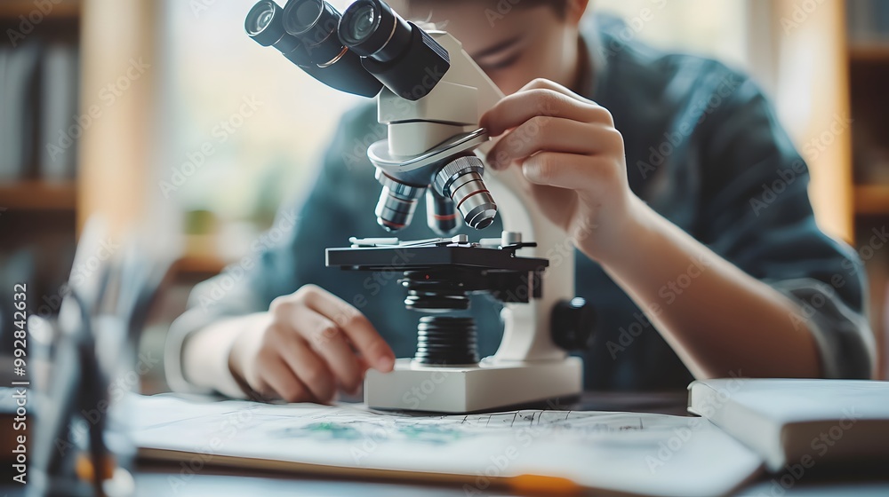 Poster a student using a microscope to study a specimen in a classroom.