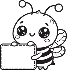 Obraz premium Cute cartoon bee, smiling face, holding a blank sign, black and white line drawing