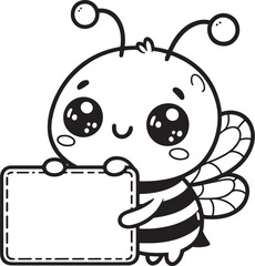 Cute cartoon bee, smiling face, holding a blank sign, black and white line drawing