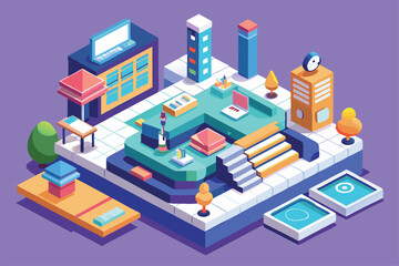 Fototapeta premium A detailed isometric layout showcasing an organized workspace with furniture and decorative elements, Customizable Isometric Illustration in First Class.