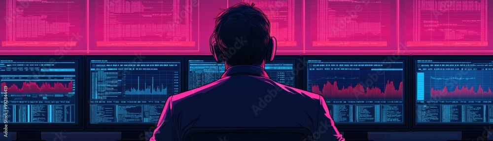 Poster a tech-savvy individual working late in a neon-lit environment, analyzing data on multiple screens f