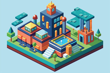 A colorful isometric illustration showcases a modern urban area with buildings, trees, and a pool, Customizable isometric illustration manipulation.