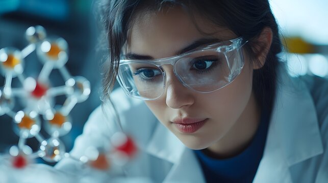 Close-up of a female scientist wearing safety goggles examining a molecular model