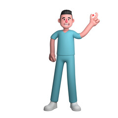Nursing 3D Illustration. A male nurse is standing holding a medicine capsule in his left hand while smiling. Professional Male Nurse