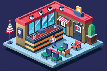 Fototapeta premium A bright barbershop interior showcases stylish chairs, a reception area, and a barber at work, Customizable isometric illustration of a barbershop.
