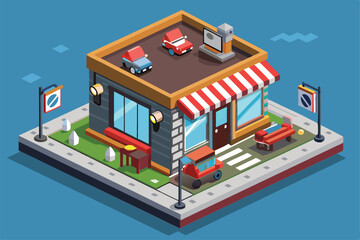 Fototapeta premium A bright and inviting barbershop showcases unique styling areas and outdoor seating for clients, Customizable isometric illustration of a barbershop.
