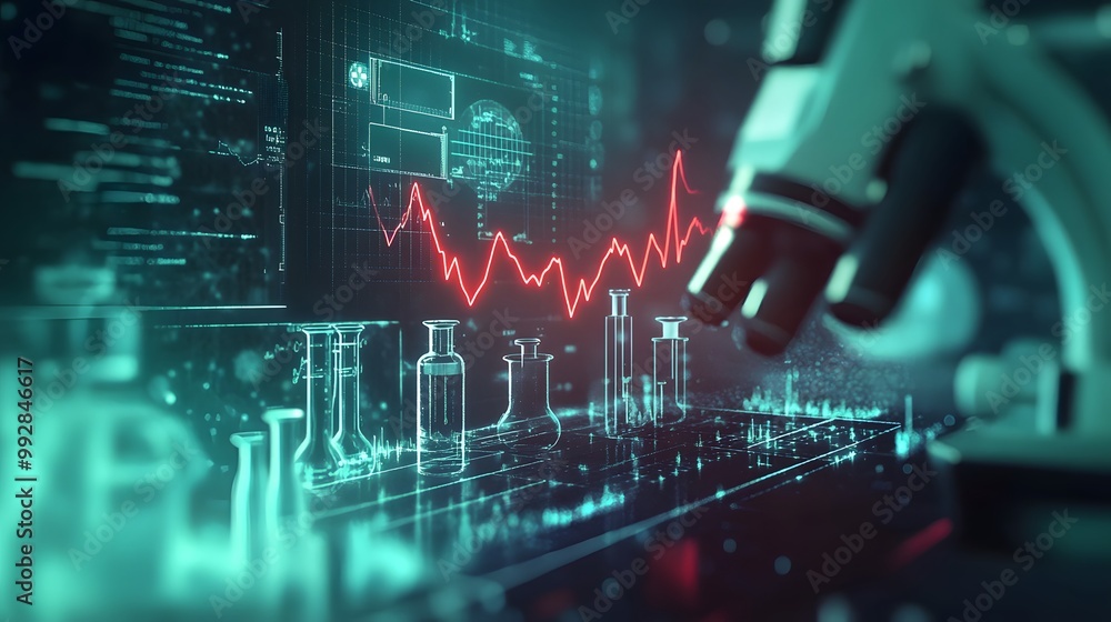 Poster red line graph overlaying laboratory equipment and digital interface