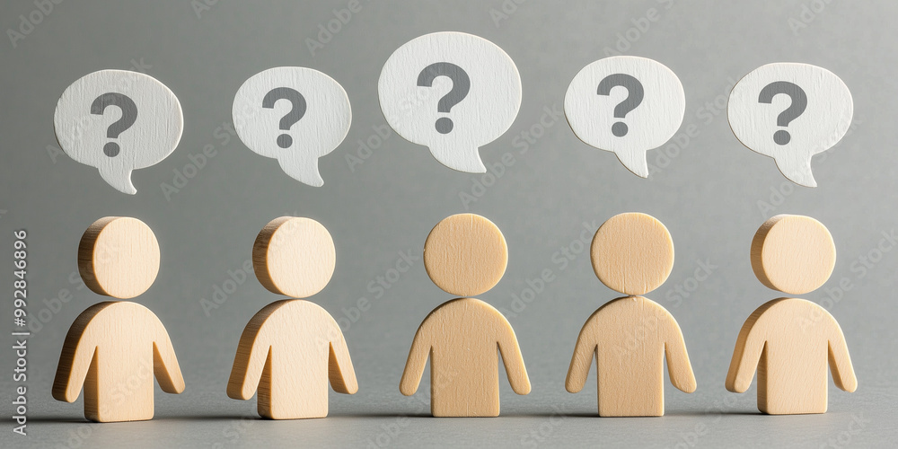 Poster a group of wooden figures with speech bubbles containing question marks, symbolizing confusion or in