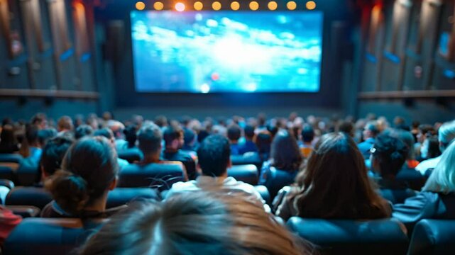 Full Movie Theater with Large Audience Watching a Film on a Big Screen.
