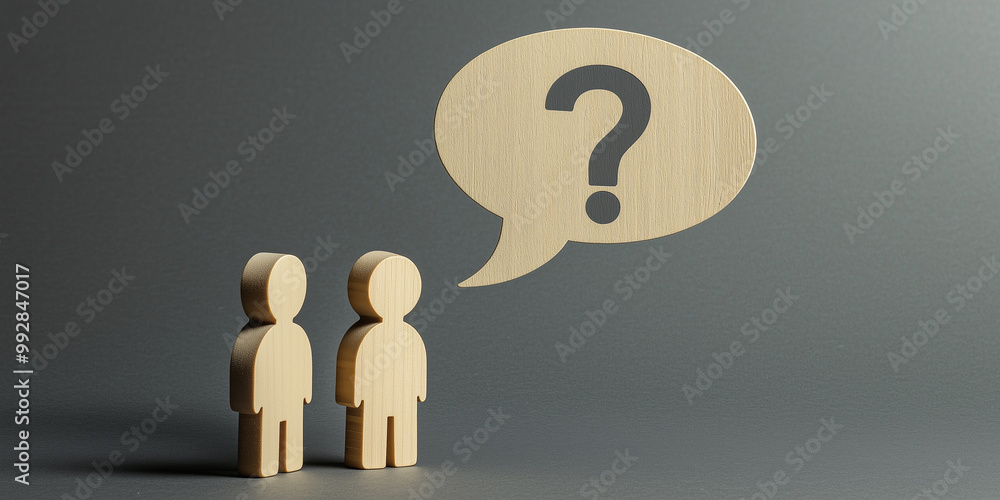 Aufkleber two wooden figures looking up at a large speech bubble containing a question mark, symbolizing inqui