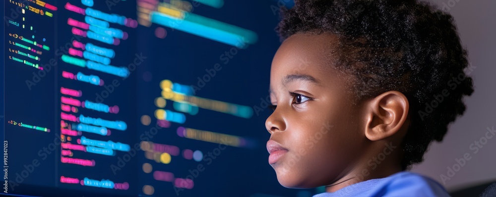 Poster a young child focused on coding at a computer, showcasing curiosity and the future of technology in 