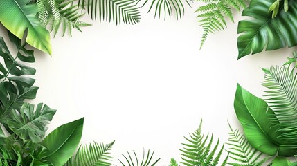 Beautiful composition with fern and other tropical leaves on white background. Banner design 