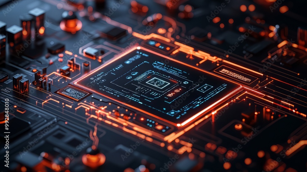 Aufkleber close-up of a futuristic circuit board featuring a glowing microchip and intricate electronic compon