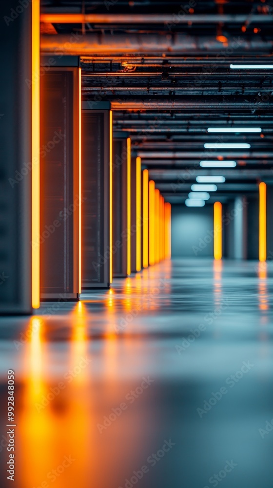 Poster abstract modern architecture with a long corridor illuminated by glowing lights.