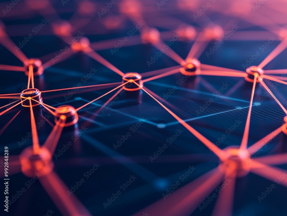 Poster abstract network of glowing red lines and nodes on a dark blue background. a concept for connection,