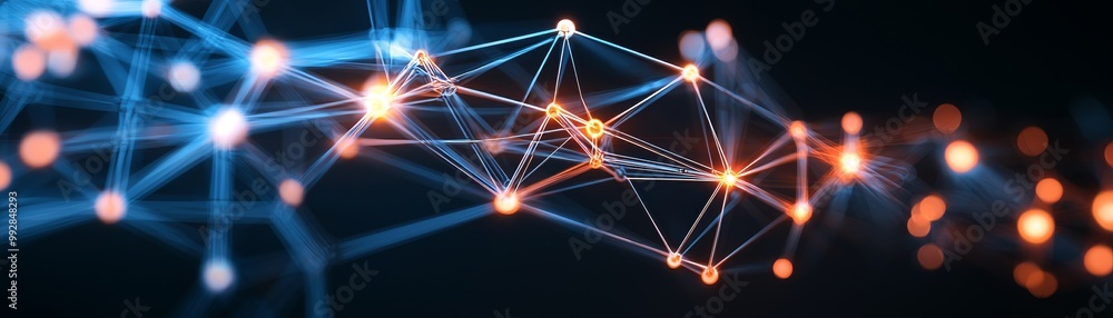 Poster abstract network of glowing lines and dots.