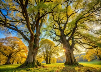 Ancient trees stand tall with rustling leaves in a soft breeze carrying wildflower scents.