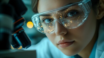 A focused scientist examines samples through a microscope, wearing protective eyewear in a laboratory setting filled with soft, glowing lights.