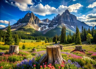 Dramatic mountain peaks rise abruptly from a tranquil valley floor carpeted with vibrant wildflowers and rustic tree stumps under a radiant blue expanse.