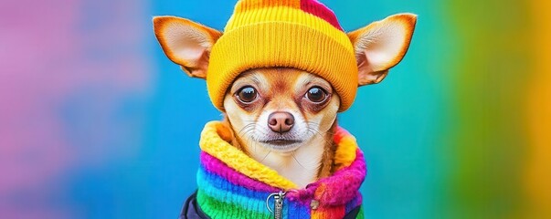 Fototapeta premium Trendy chihuahua in a chic outfit, urban setting, cheerful and modern, watercolor style