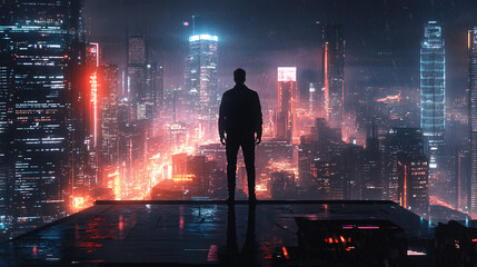 silhouette of man on rooftop overlooking cyberpunk cityscape with neon lights and rain