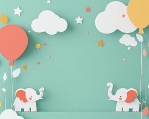 Fototapeta premium Paper cut elephants with balloons and clouds against a teal background, perfect for a baby shower or nursery decor.