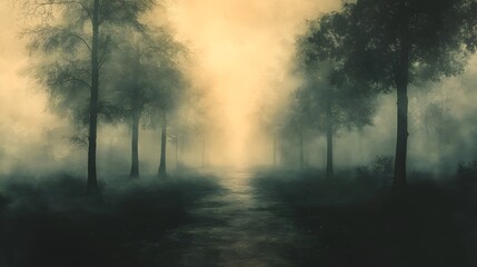 Fototapeta premium Ethereal Woodland Path in Moody,Misty Ambience of Scandinavian-inspired Digital Landscape