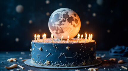 This stunning birthday cake showcases a moon centerpiece surrounded by candles, sparkling stars, and a celestial theme, perfect for a special celebration at night