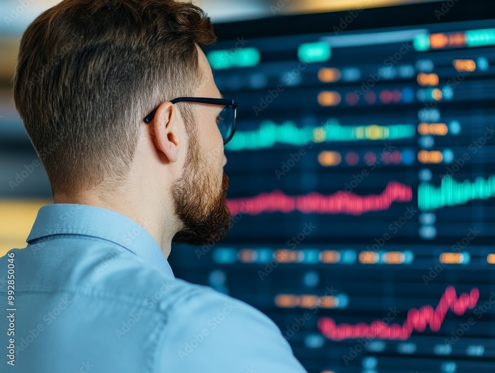 Poster professional man analyzing digital data trends on a screen. focused on financial metrics and stock m